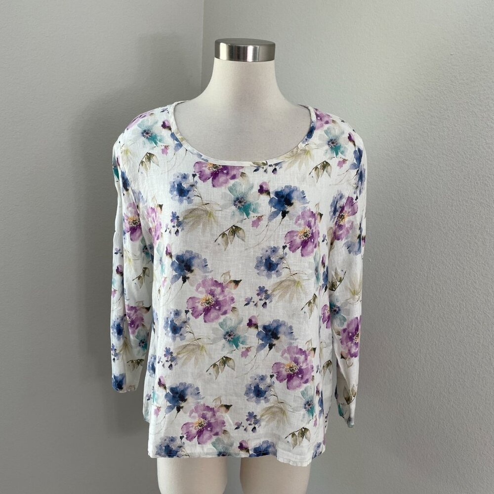 Cut Loose Womens Large Floral 100% Linen Long Sleeve Blouse‎ Shirt Made USA